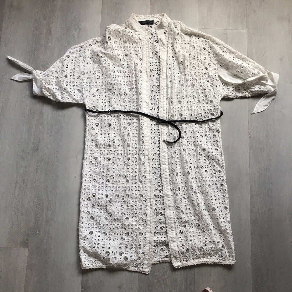 ZARA EYELET WHITE CARDIGAN DUSTER BOHO JACKET WOMENS LARGE